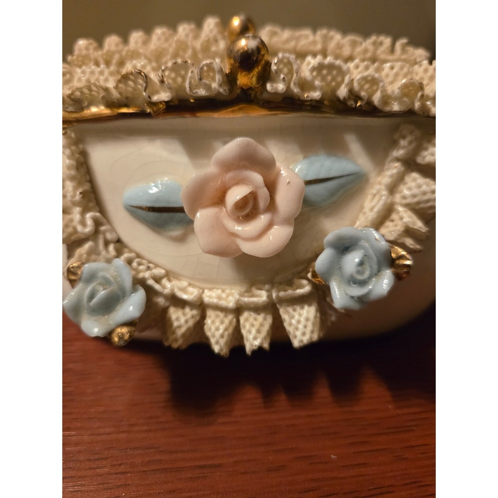 Vintage Ceramic Purse Trinket Box Floral Lace Porcelain Rose Shabby Chic Cream - Picture 2 of 6